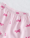 Kids Girls Bow Print Ribbed Pajama Set – Pink Long Sleeve Top & Pants