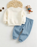 2pcs Baby Boy Bear Round Neck Hoodie And Dusty Blue Pants Set