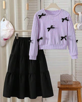 Fashionable Cute Delicate Bow-Tie Top With Half Skirt Suit, Casual Elegant Fashion