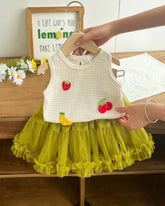 2pc Baby Girls Fruit Embroidered Sleeveless Knit Top & Mesh Tutu Skirt Set