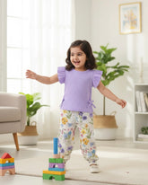 Baby Girls Purple Striped Ruffle Sleeve T-Shirt & Floral Pants Set – 2pcs Summer Outfit