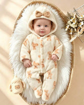 Newborn Baby Bear Pattern Plush Hooded Footed Romper