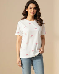 Women Pink Bow Printed Half Sleeve Casual T-Shirt