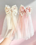 1pc Floral Lace Long Tulle Bow Hair Clip (Pink & Beige)