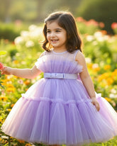 Purple Color Bow Decor Tulle Elegant Dress