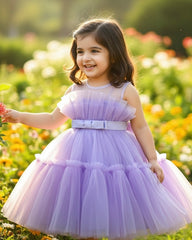 Purple Color Bow Decor Tulle Elegant Dress