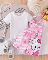 2Pcs Baby Girl Ribbed White T-Shirt & Cartoon Rabbit Bear Pocket Overall Shorts Set