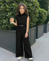 Tween Girls Collared Pocket Shirt & Straight Leg Pants Set