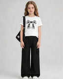 Tween Girls Black & White Bow Embroidery T-Shirt with Cargo Pants Set