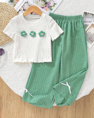 Girls Green and White 3D Floral Textured T-Shirt & Pants Set – 2pcs Casual Outfit