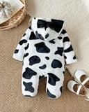 Newborn Baby Winter Hooded One-Piece Cow Print Romper