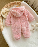 Baby Girl Winter 3D Pink Fluffy Heart Pattern Zipper Hooded Romper