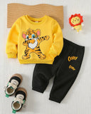 2pcs Baby Boy Yellow Winter Tiger Pattern Sweatshirt & Pants