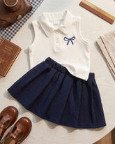 Baby Girl 2pc Blue & White Striped Polo Top & Pleated Skirt Set