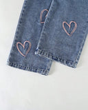 Girls Blue Denim Jumpsuit with Pink Hollow Heart Embroidery & Bow