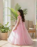 Girls Pink Floral Lace Princess Dress – Bowknot Long Gown