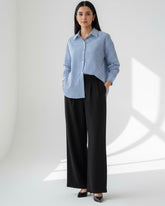 Plus Size Casual Striped Long Sleeve Blue Shirt & Black Long Pants 2pcs Set