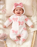 Newborn Baby Girls’ Pink Bow Print Hooded Flannel Jumpsuit