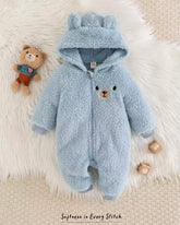 Baby Boy Sky Blue Bear Pattern Winter Hooded Jumpsuit