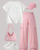 Tween Girls Pink Bow Embroidery T-Shirt with Cargo Pants Set