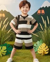 2pcs Striped Contrast Color Bear Embroidered Top + Striped Shorts