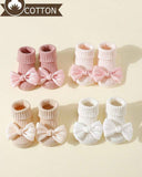4 Pairs Baby Girls' Cotton Bow Decor Non-Slip Crew Socks