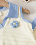 2pcs Girls 3D Floral Knitted White and Blue Polo Vest And Flared Pants