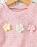 Girls Pink 3D Floral Textured T-Shirt & Pants Set – 2pcs Casual Outfit