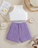 Lilac Crochet Flower Halter Top & Ribbed Shorts Set – 2PCS Summer Outfit