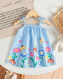 Baby Girl Blue Floral Suspender Dress with Bow – Summer Elegant Outfit
