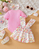 3pcs Baby Girls Pink Ribbed Romper & Ruffled Overall Dress Set with Bow Headband