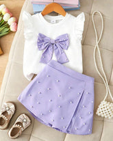 Girls 2-Piece 3D Purple Bow Beaded Outfit Set – Cap Sleeve Top & Beaded Slit Shorts