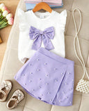 Girls 2-Piece 3D Purple Bow Beaded Outfit Set – Cap Sleeve Top & Beaded Slit Shorts