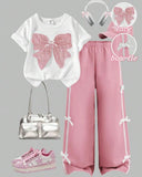 Tween Girls Pink Graphic Tee & Bow Pants Set