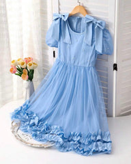 Tween Girl Blue Princess Chiffon Dress with Bow – Elegant Party & Flower Girl Dress