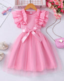 Young Girls Pink Cap Sleeve Mesh Dress