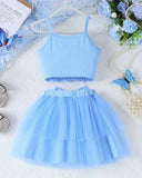Girls Baby Blue Floral Embroidery Top & Tulle Skirt 2-Piece Set