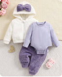 Newborn Baby Girl Fuzzy Bow 3-Piece Set (3 Colours)