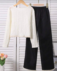 2pcs/Set Girls Ruffle Trim V-Neck Long Sleeve Top And Straight Leg Floral Trim Denim Pants Casual Outfit