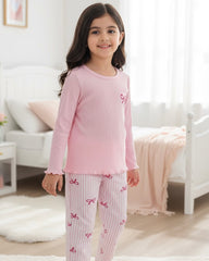 Kids Girls Bow Print Ribbed Pajama Set – Pink Long Sleeve Top & Pants