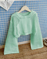 Tween Girls Mint Green Crew Neck Long Sleeve Hollow Knitwear