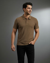 Men’s Coffee Brown Colour Half Textured Sleeve Casual Polo Shirt – Summer