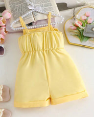 Baby Girl Floral Strap Romper – Yellow Sleeveless Summer Outfit with 3D Rosette Detail