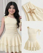 Girls White One-Shoulder Ruched Layered Cake Dress with Metal Starfish
