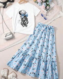 Tween Girls 2-Piece Back View Girl Top & Long Ditsy Floral Skirt