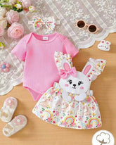 3pcs Baby Girls Pink Ribbed Romper & Ruffled Overall Dress Set with Bow Headband