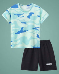2pcs Boy Breathable Mesh Short Sleeve Print T-Shirt And Shorts