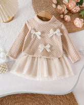 Baby Girl 2pc Beige Ribbed Turtleneck Top & Tulle Skirt Set