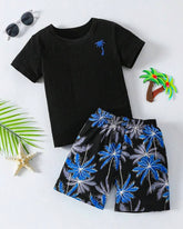2pcs Kids Black T-Shirt And Coconut Tree Shorts