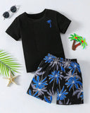 2pcs Kids Black T-Shirt And Coconut Tree Shorts